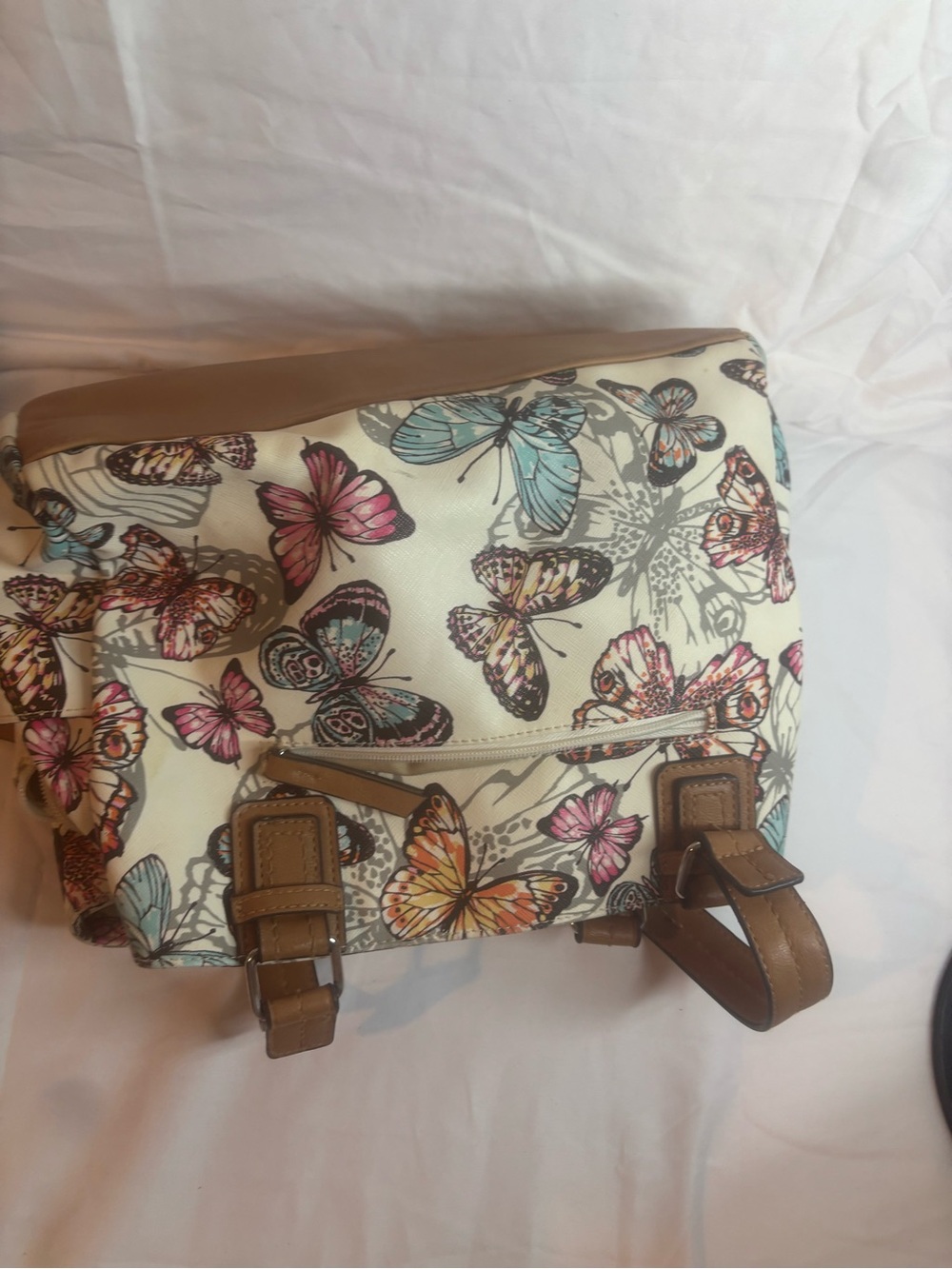 Butterfly Print Canvas Tote Bag with Tan Trim